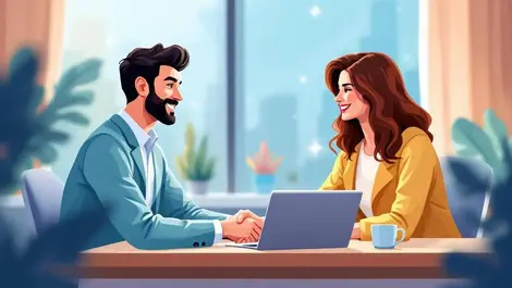 Mortgage broker client handshake modern pastel digital office