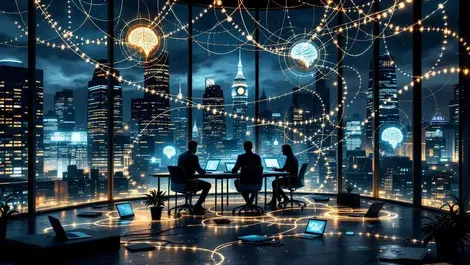 London night office shadow ai glowing data cables weak governance