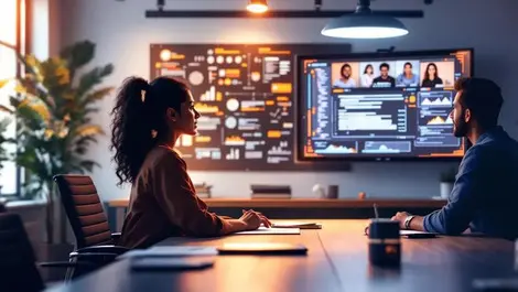 Indian woman tech leader video meeting uk india modern office