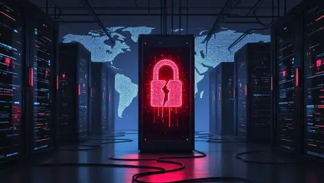 Moody server room ransomware central red rack broken padlock