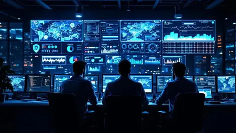 Nighttime soc team monitoring threat graphs network maps collab