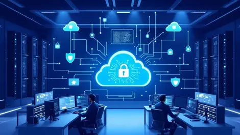 Corporate it security ops room cloud icon shields servers blue