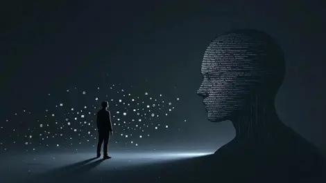 Moody human silhouette data fragments facing shadowy ai privacy loss