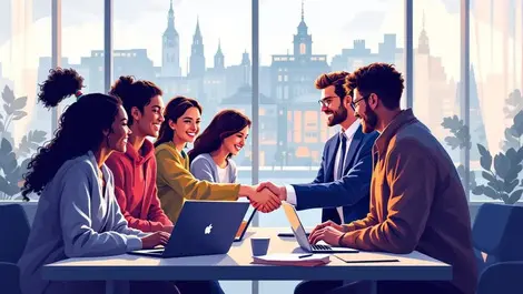 European students with mentor technology scholarship campus scene