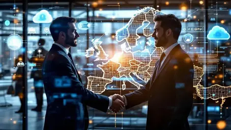 Uk eu business leaders handshake cybersecurity cloud partnership