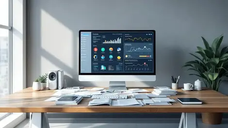 Modern office dashboard replacing chaotic icons with organized workflows