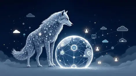 Arctic wolf made of network nodes guarding glowing it infra map