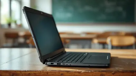 Rugged student laptop on scratched school desk in classroom view