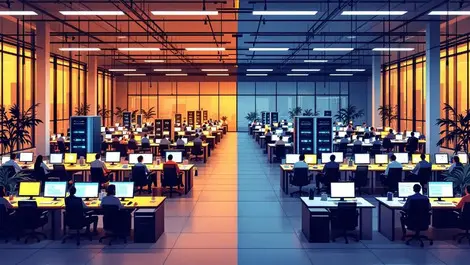 Office split busy ai powered side vs dim idle desks symbolic