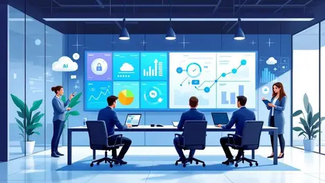 Modern nz bank office with cloud dashboards it collaboration