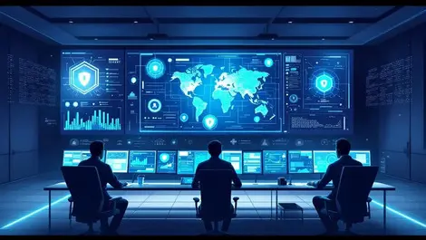 Modern cybersecurity ops center screens threat graphs global defense