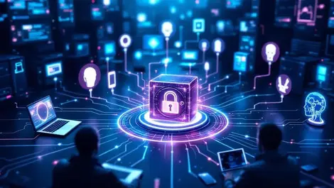 Cinematic secure ops center unified access ai devices glowing vault