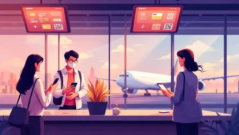 Asian airport checkin sleek payment terminal travelers warm light