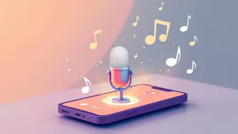 Editorial music streaming app smartphone robot mic waveform